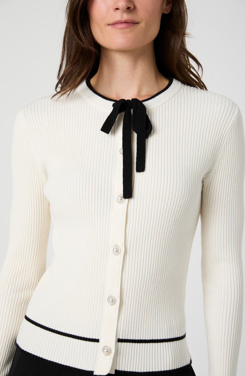 French Connection Contrast Tipped Bow Rib Cardigan, Alternate, color, Classic Cream/ Black