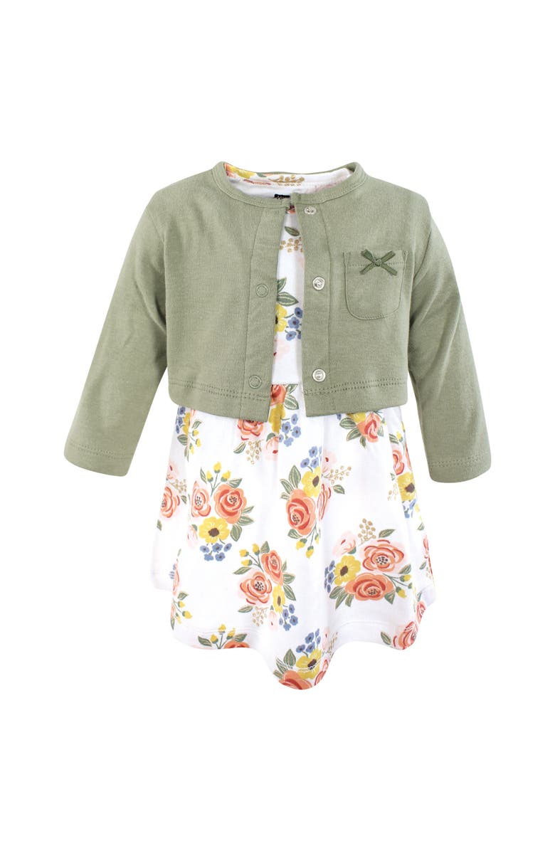 Hudson Baby Two-Piece Cotton Dress and Knit Cardigan Set, Main, color, Golden Bouquet