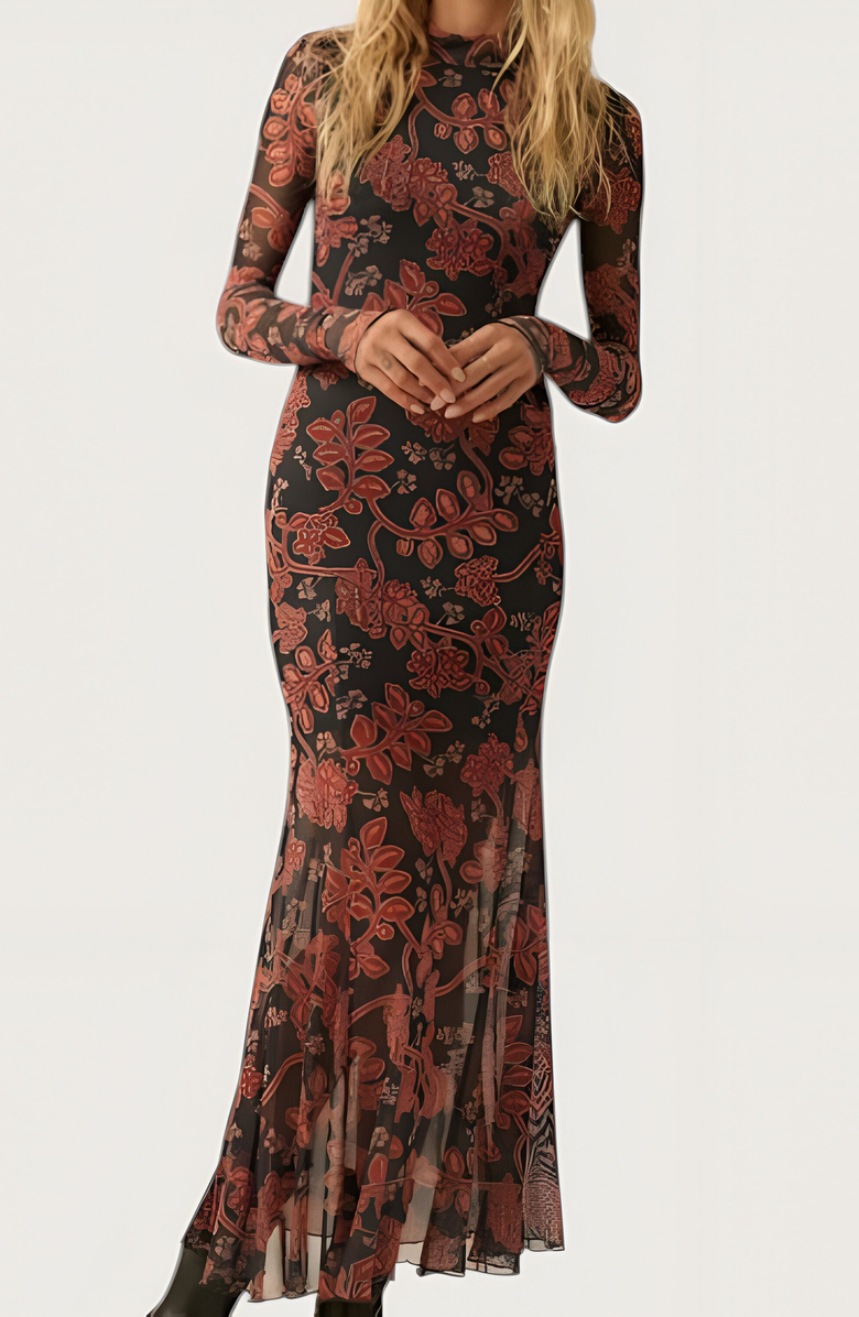 Modenaire Ornate Floral Mesh Maxi Dress with Mock Neck, Alternate, color, 