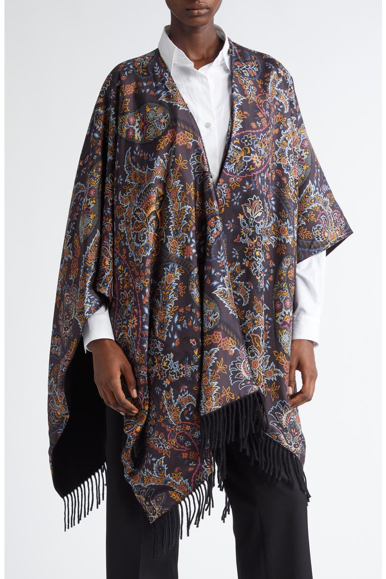 Paisley Fringe Trim Wool Ruana, Main, color, PRINT/ BLACK
