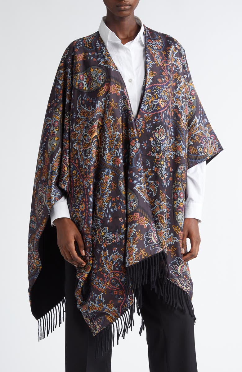 Etro Paisley Fringe Trim Wool Ruana, Main, color,