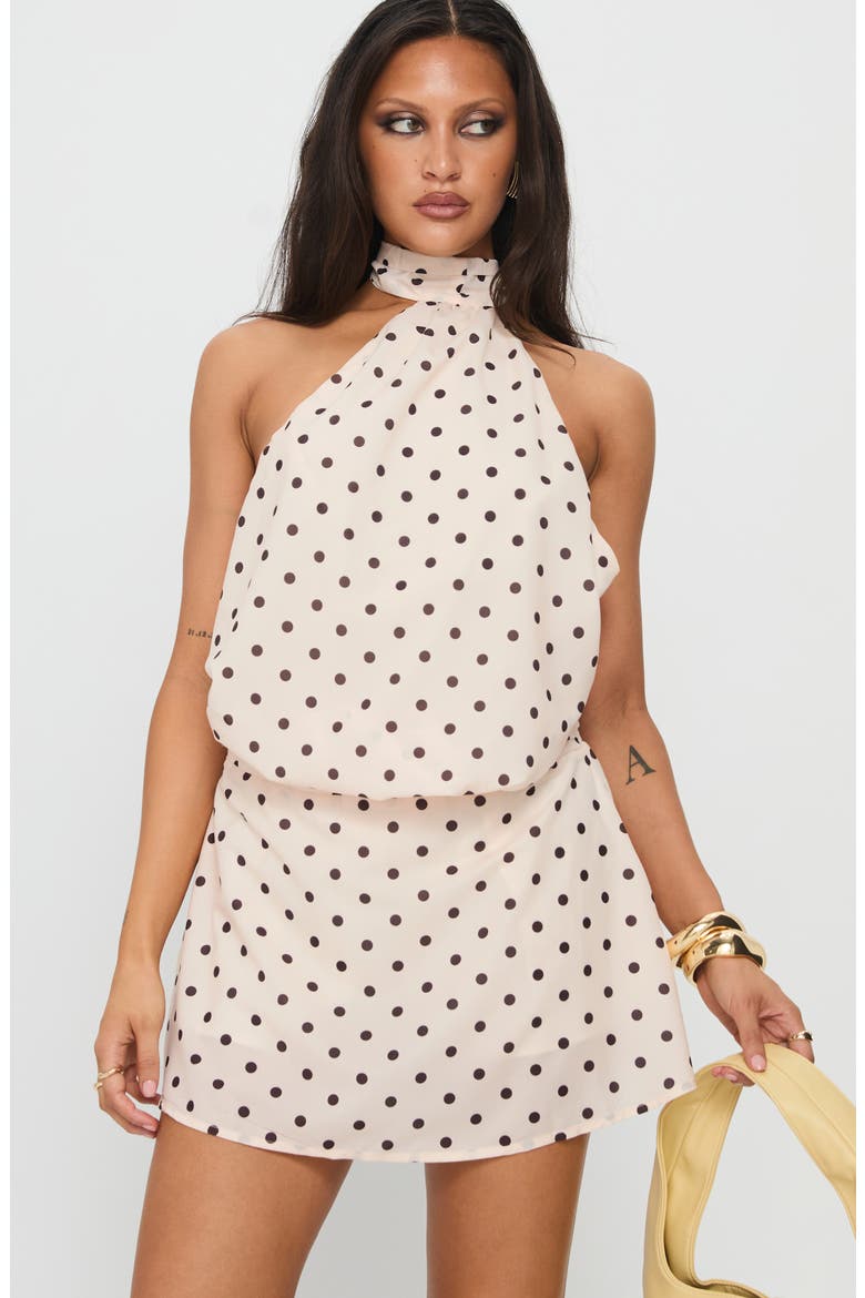 Natalea Polka Dot Halter Skirted Romper, Alternate, color, CREAM / BROWN POLKA