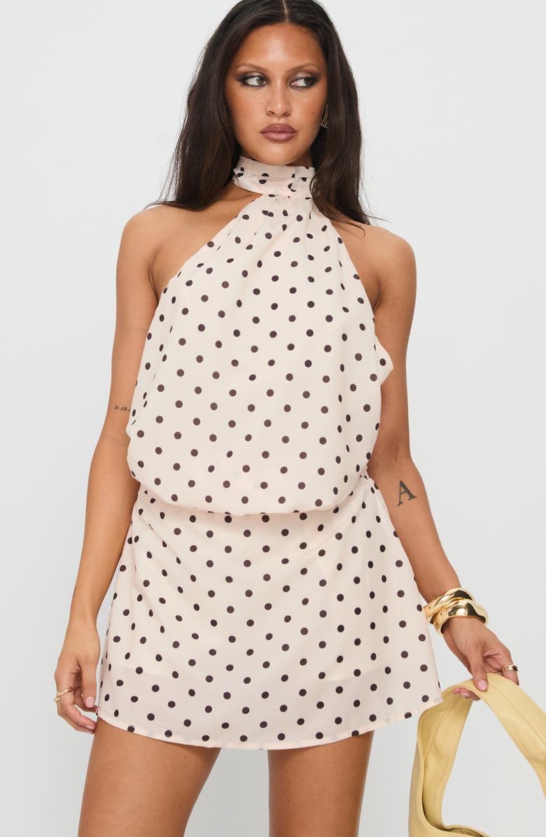 Princess Polly Natalea Polka Dot Halter Skirted Romper, Alternate, color, Cream / Brown Polka