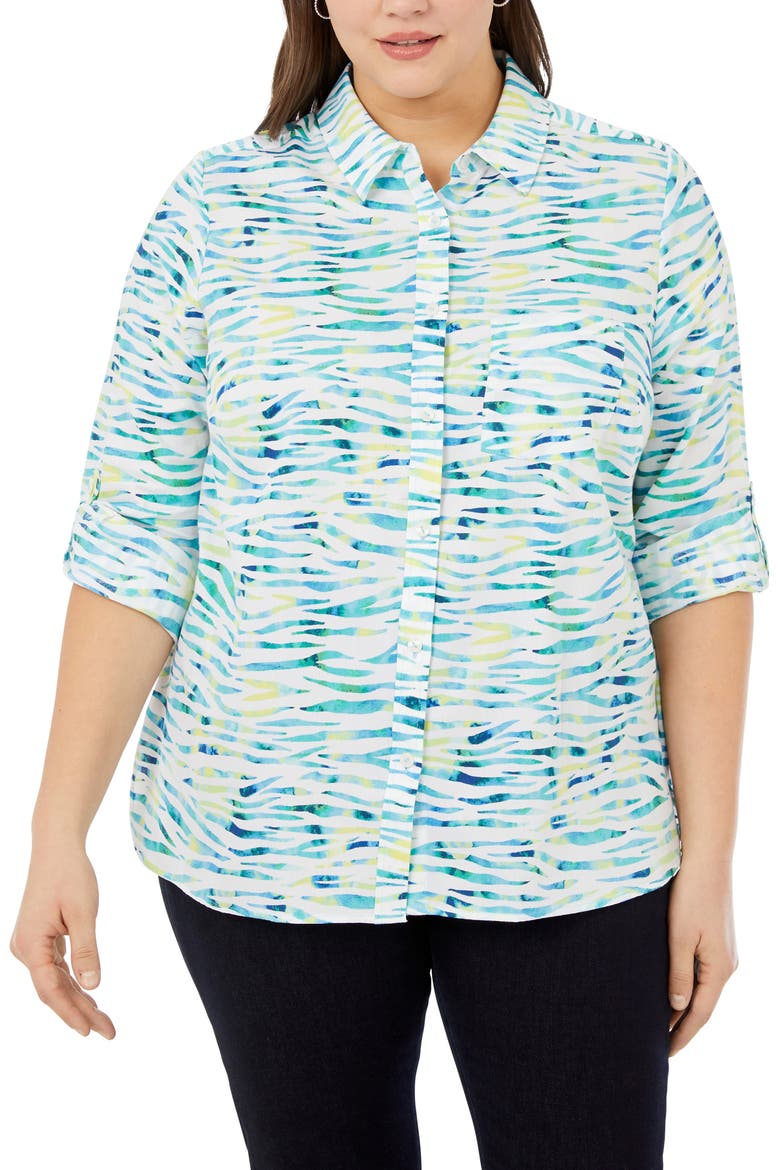 Cole Zebra Print Roll Tab Cotton Button-Up Shirt, Main, color, BLUE MULTI