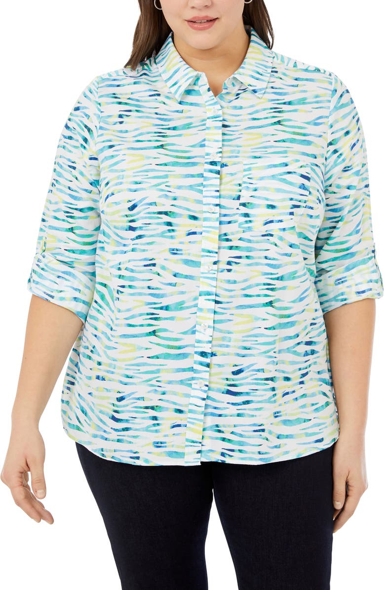 Foxcroft Cole Zebra Print Roll Tab Cotton Button-Up Shirt, Main, color, 