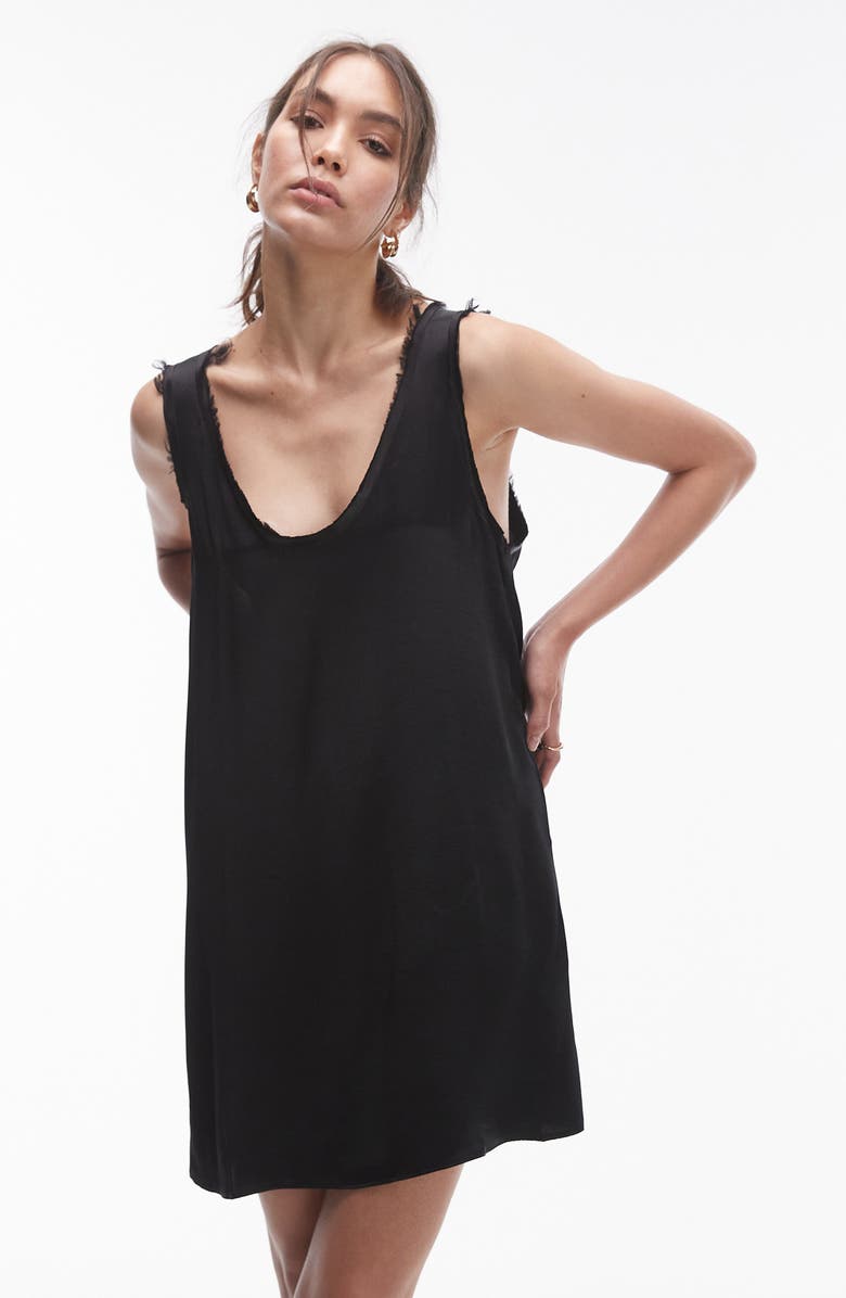 Topshop Frayed Satin Shift Minidress, Alternate, color, Black