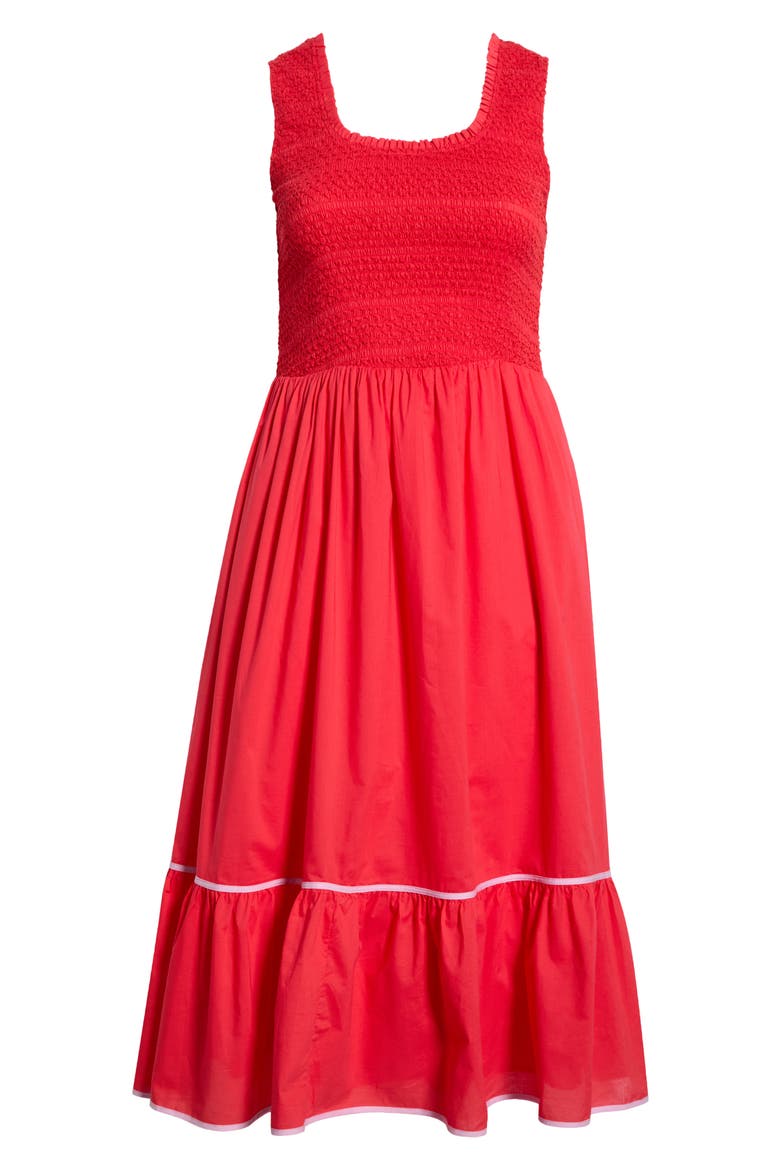 Jessy Smocked Sleeveless Midi Dress, Alternate, color, RED