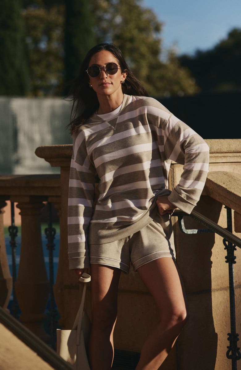 TravisMathew Cloud Terry Varsity Shorts, Alternate, color, Heather Soft Taupe