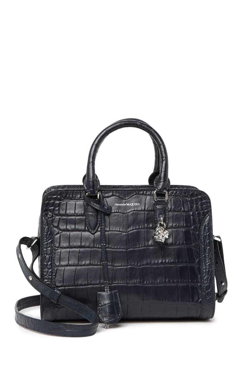McQueen Croc Embossed Leather Small Zip Shoulder Bag, Main, color,