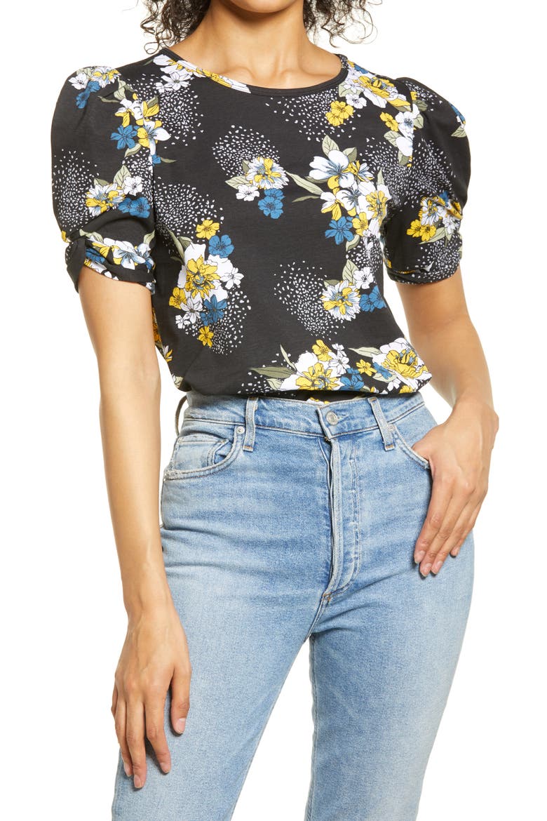 Print Puff Sleeve Cotton T-Shirt, Main, color, BLACK FLORAL