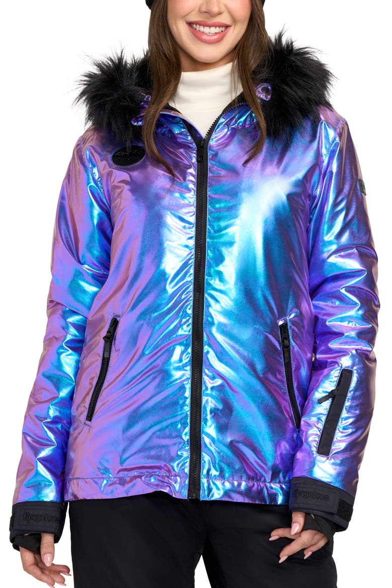 Iridescent Iris Waterproof Insulated Hooded Snowsuit with Faux Fur Trim, Main, color, PURPLE