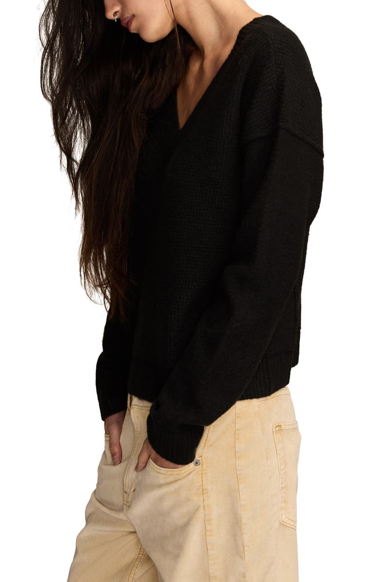 Lucky Brand Waffle Knit V-Neck Sweater, Alternate, color, Caviar