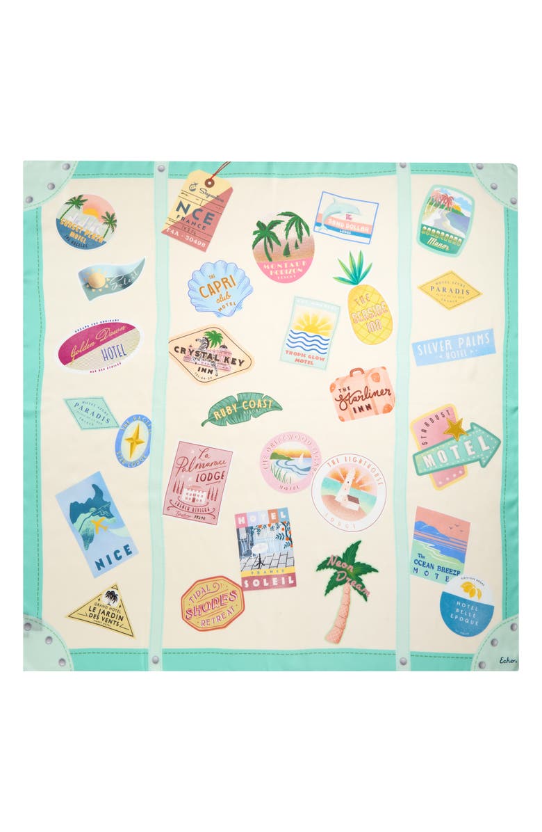Echo Travel Stickers Silk Square Scarf, Alternate, color, Beige Multi
