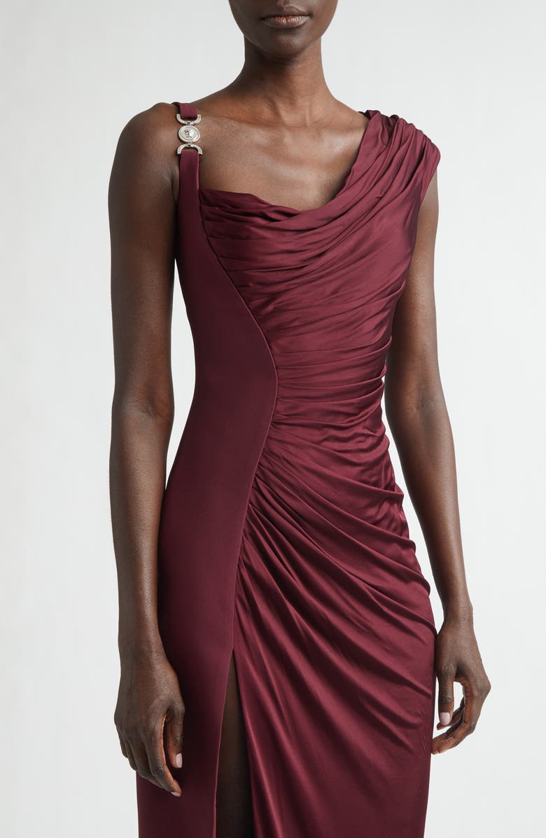 Versace Medusa '95 Draped Crepe & Jersey Gown, Alternate, color, Burgundy