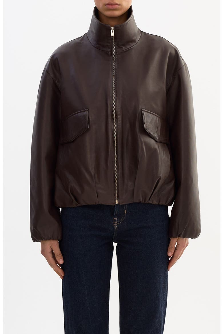 RAMONA | Funnel Neck Leather Jacket, Main, color, Dark Brown