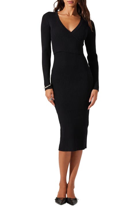 Astr Women s Faux Wrap Ribbed Dress Black Casual Dresses