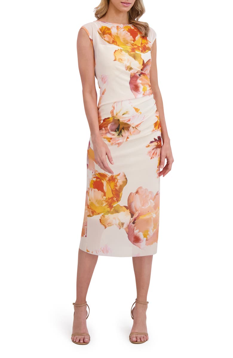 Ted Baker Ruched Mesh Midi Body-Con Dress, Main, color, Spicy Orange