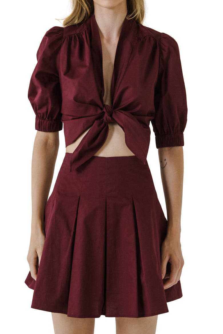 Tie Front Crop Shirt, Main, color, BURGUNDY