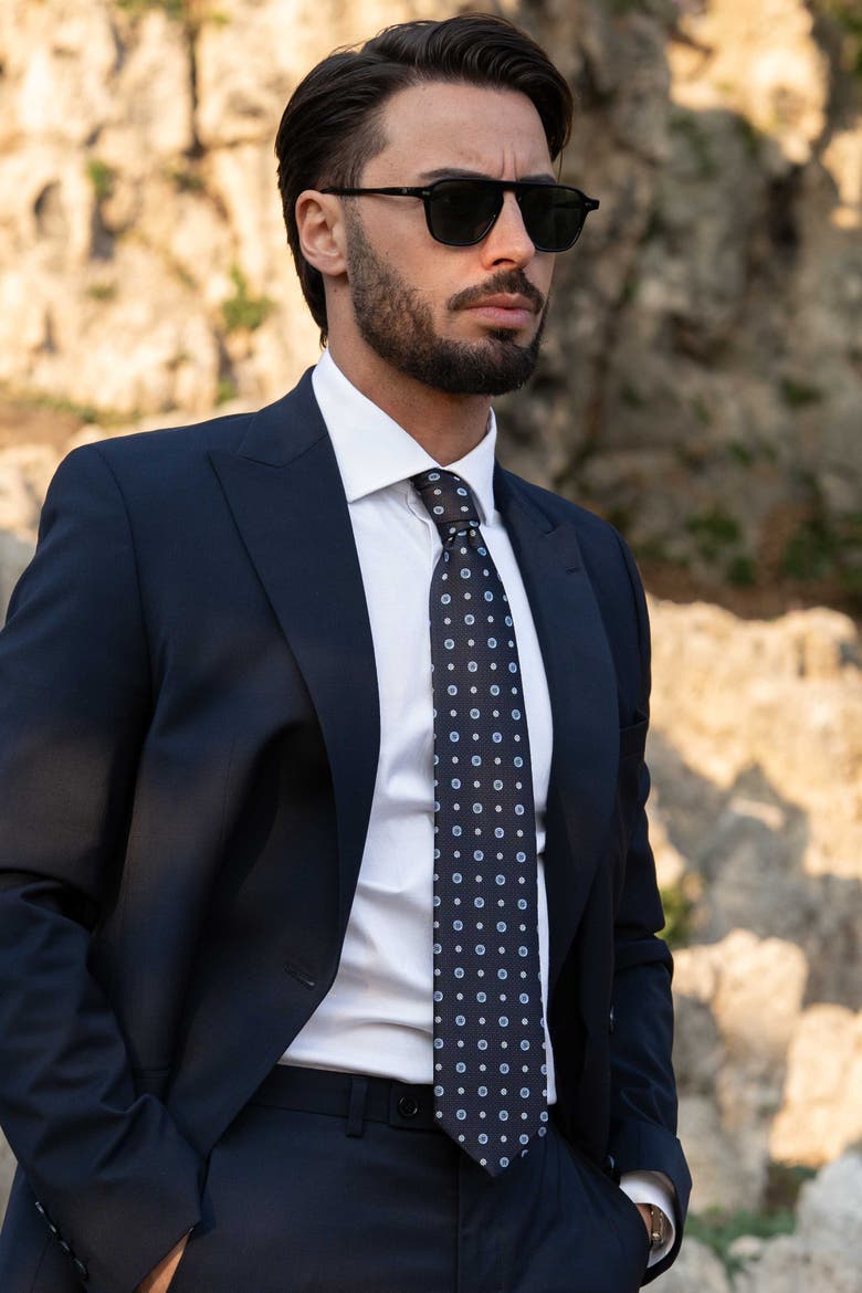 Benelli - Extra Long Silk Jacquard Tie for Men, Alternate, color, Dark Navy
