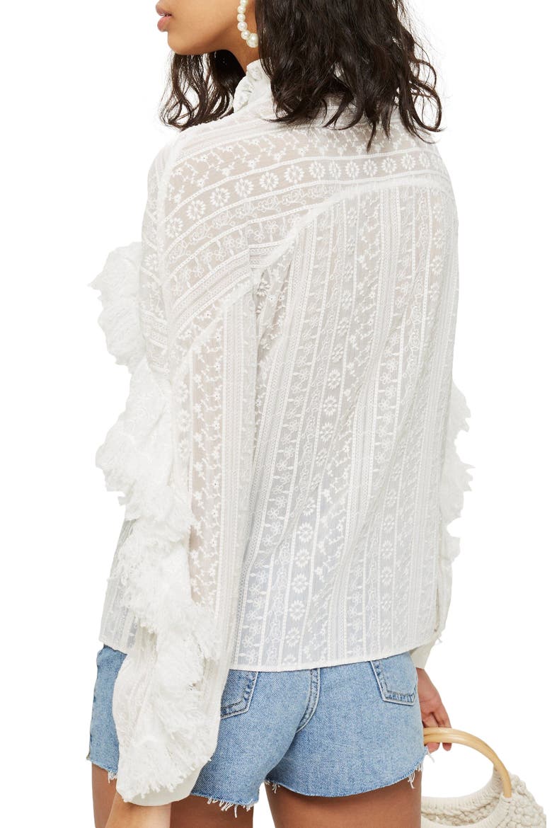 Feather Trim Button Shirt, Alternate, color, IVORY