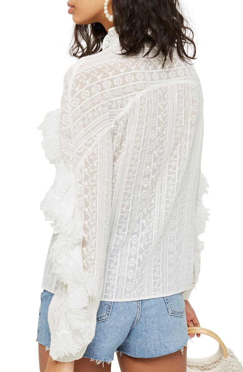 Topshop Feather Trim Button Shirt, Alternate, color,