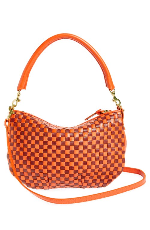 Shop Clare V . Petit Moyen Woven Leather Messenger Bag In Bright Poppy & Bordeaux Woven