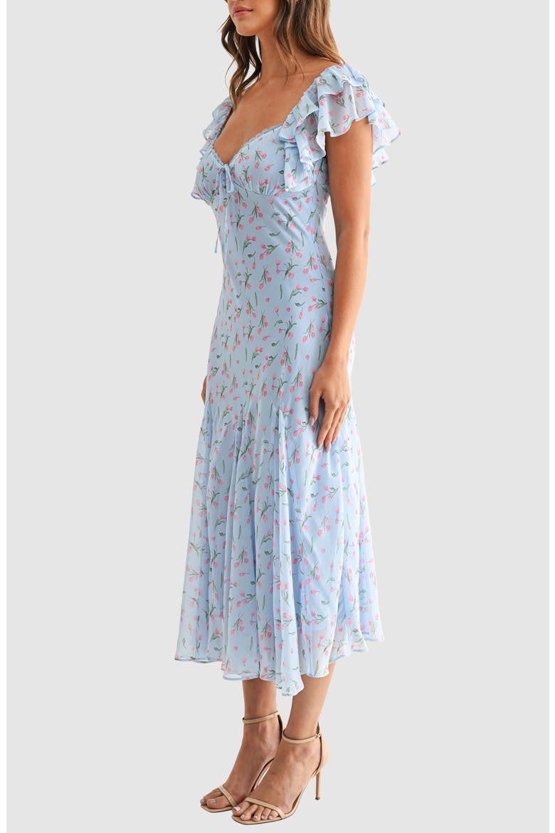 Floral Flutter Sleeve Flare Hem Midi Dress, Alternate, color, BLUE PINK
