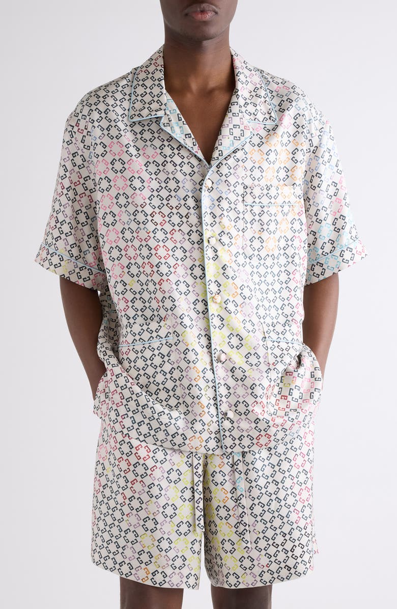 Givenchy Monogram 72 Print Short Sleeve Silk Pajama Shirt, Main, color, White Multicolored