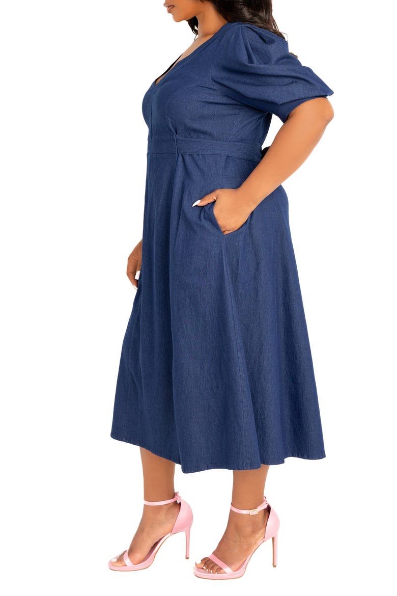 Puff Sleeve Denim Midi Dress, Alternate, color, DENIM BLUE