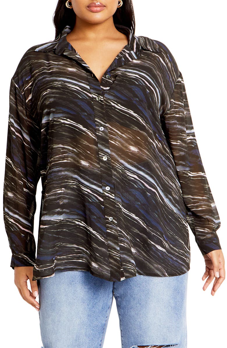 City Chic Sheer Lover Print Long Sleeve Shirt, Main, color, Marble