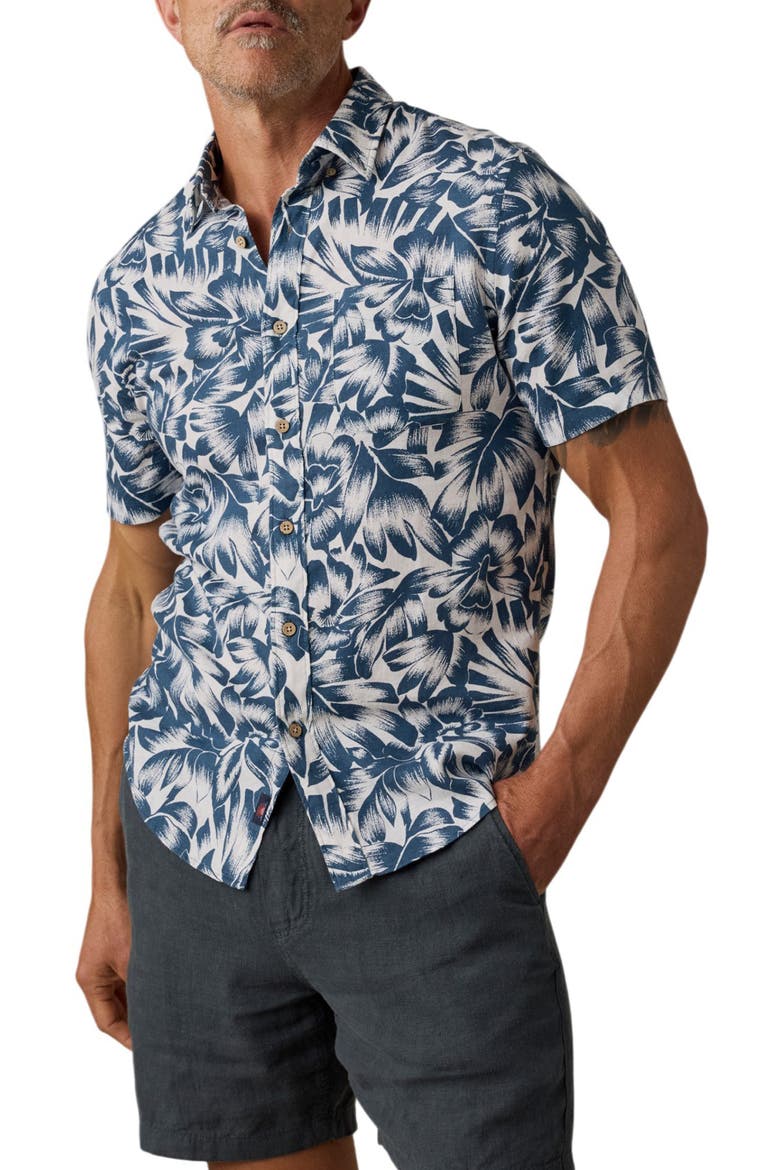 Breeze Short Sleeve Button-Down Shirt, Main, color, DARK SKY TROPICAL