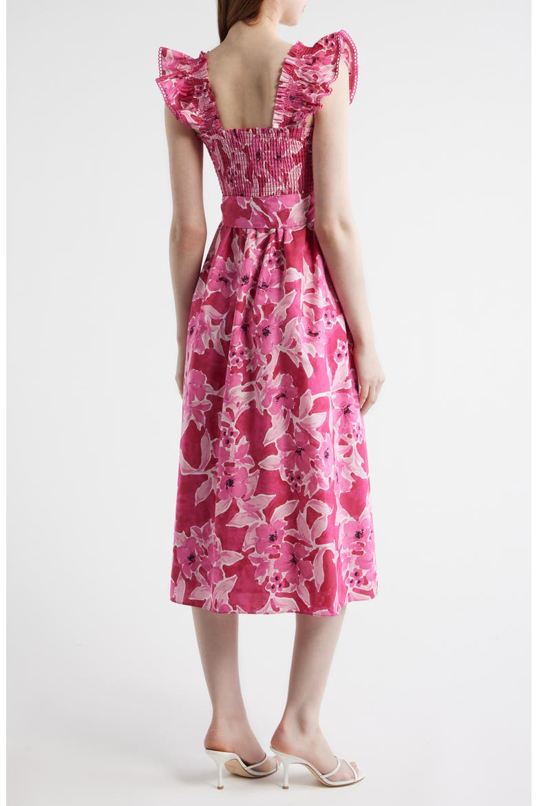 Smocked Ruffle Midi Dress, Alternate, color, VIBRANT PINK MULTI