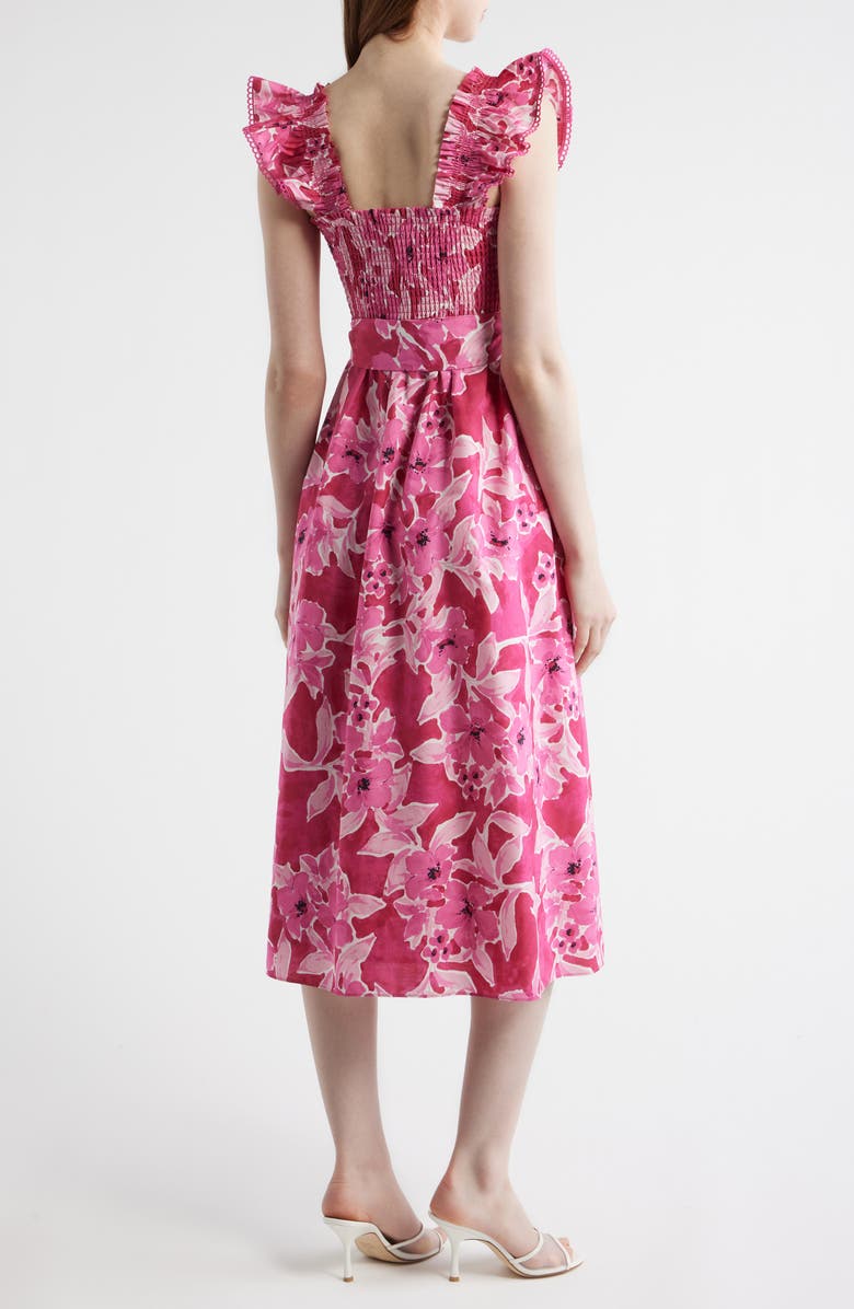 Anne Klein Smocked Ruffle Midi Dress, Alternate, color, Vibrant Pink Multi