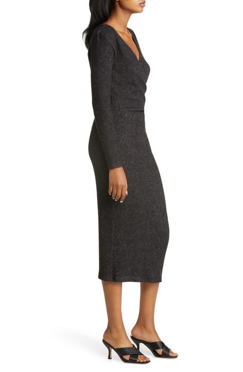 Loveappella Long Sleeve Faux Wrap Midi Dress In Black
