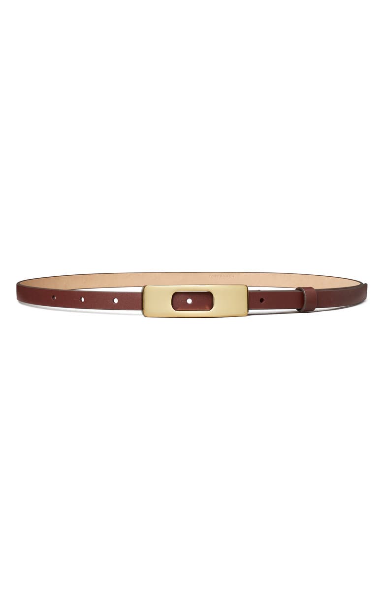 Tory Burch Leather Plate Buckle Belt, Alternate, color, Dark Cabernet / Gold