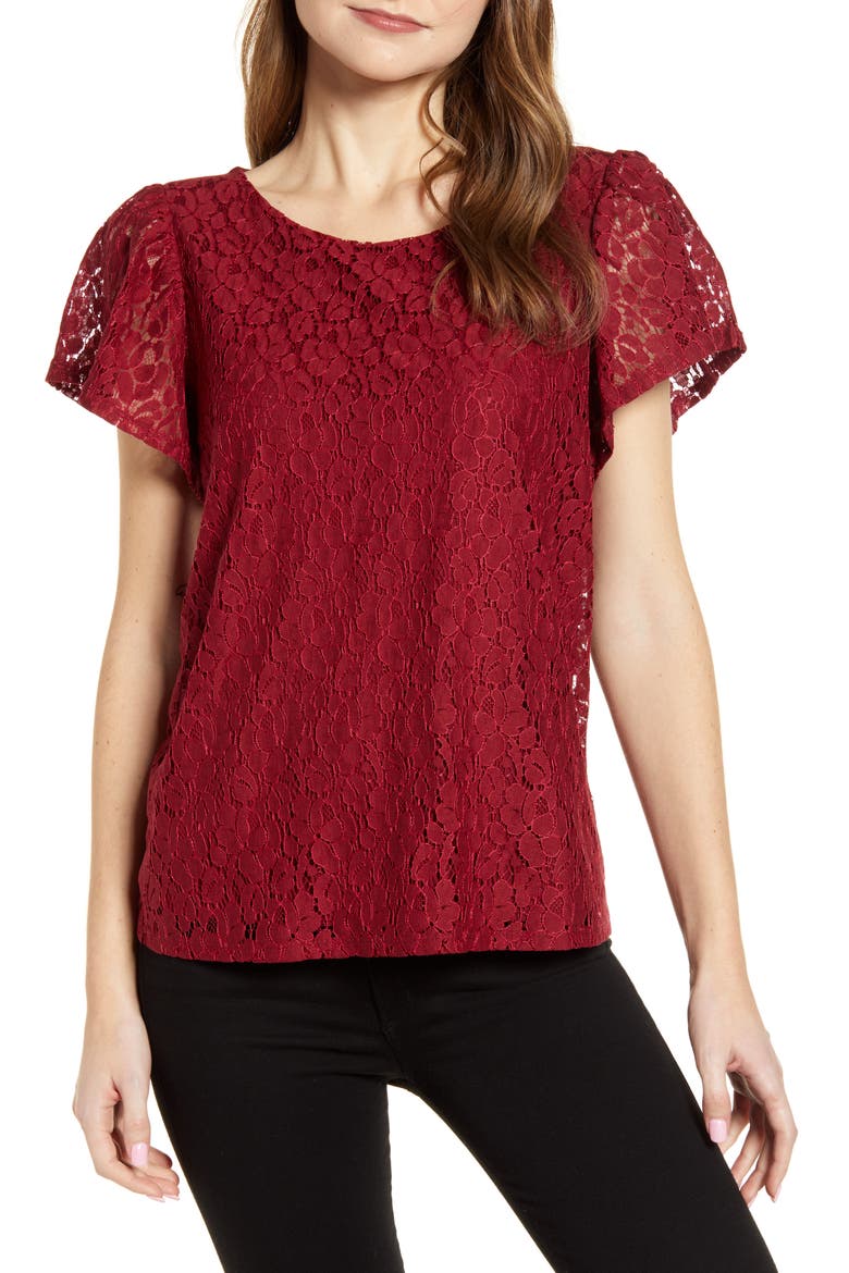 Gibson Glam Flutter Sleeve Lace Front Cotton Blend Top, Main, color, BURGUNDY