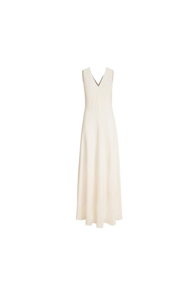 Silk and acetate crêpe cady fluid dress with precious neckline, Alternate, color, Chalk