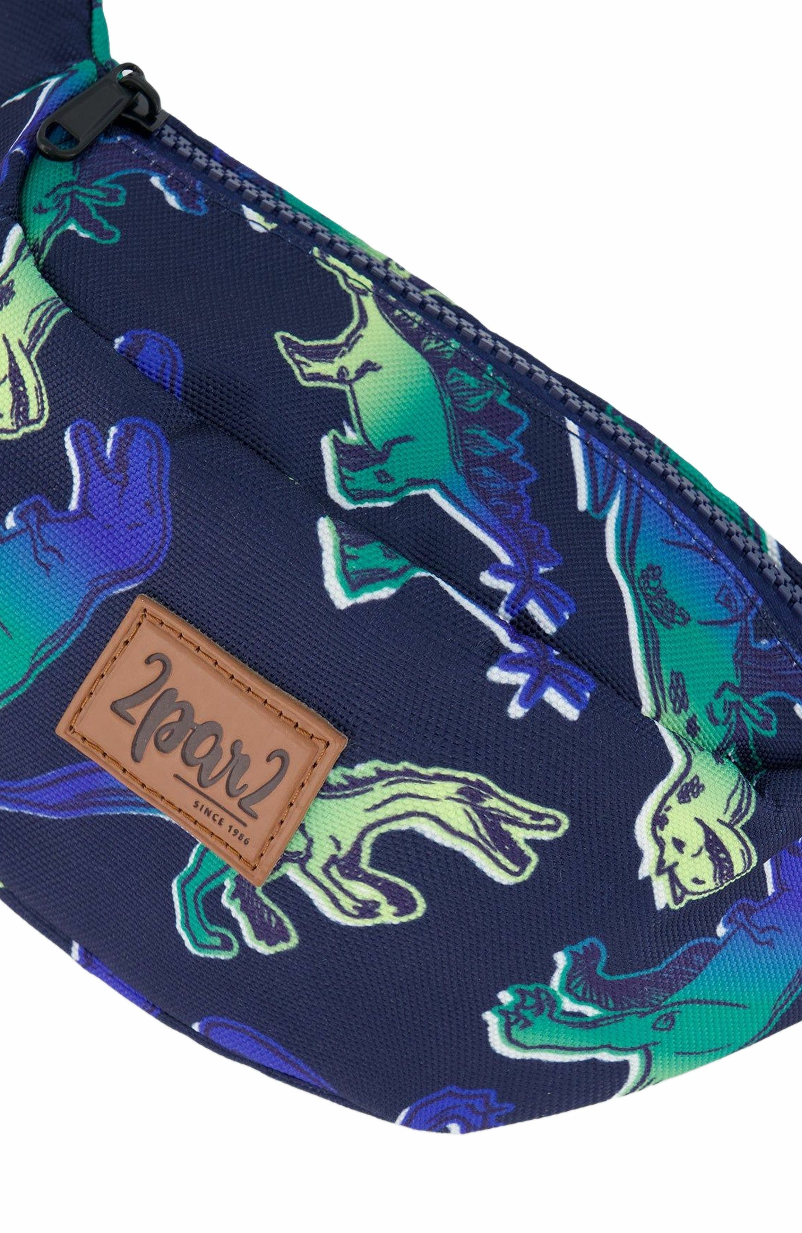 Deux par Deux Boy's Printed Fanny Pack Blue And Green Dino On Navy, Alternate, color, 