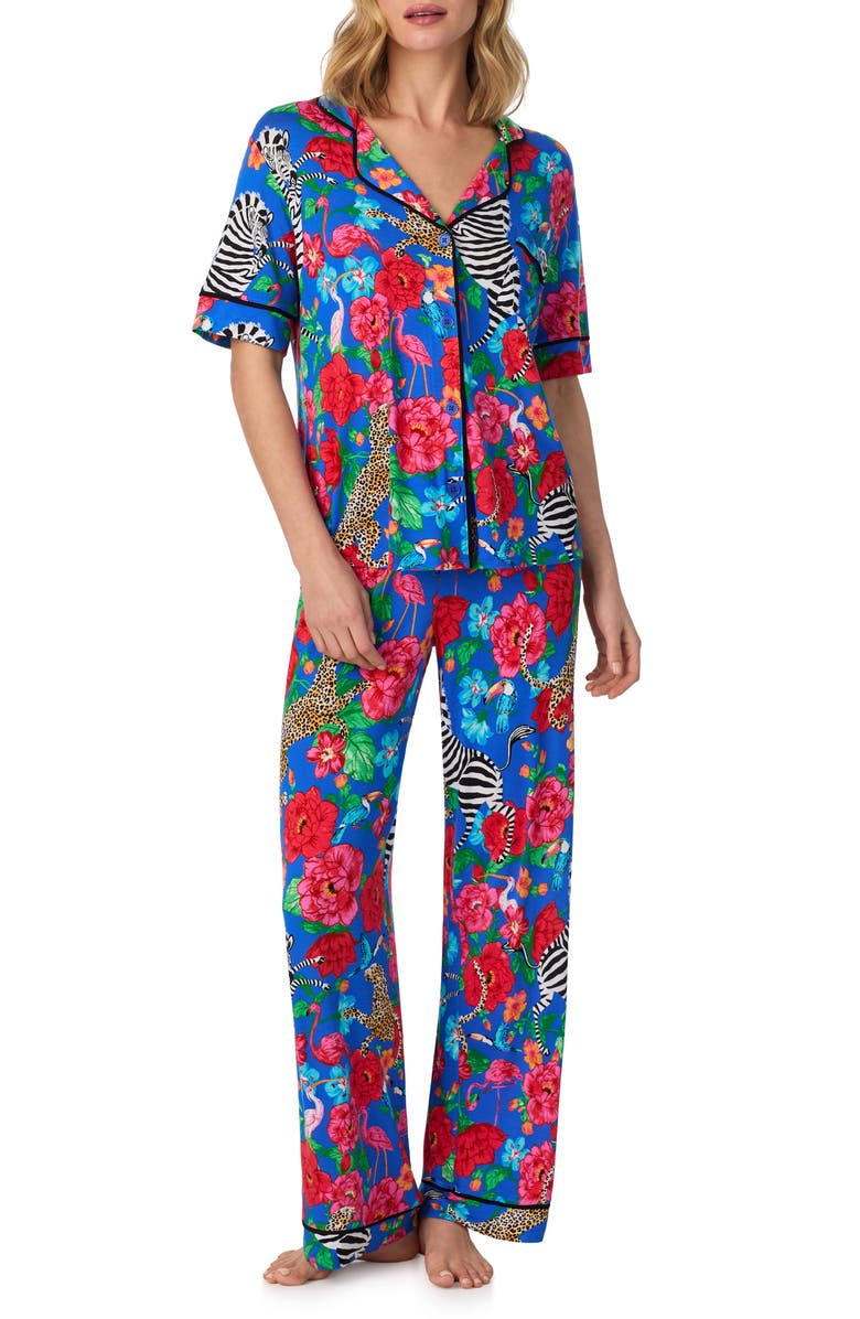 Room Service Pjs Contrast Piping Pajamas, Alternate, color, Blue Floral