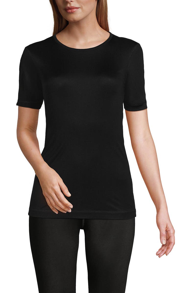 Lands' End Womens' Silk Interlock Short Sleeve Crewneck Long Underwear Thermal Baselayer Top, Alternate, color, Black