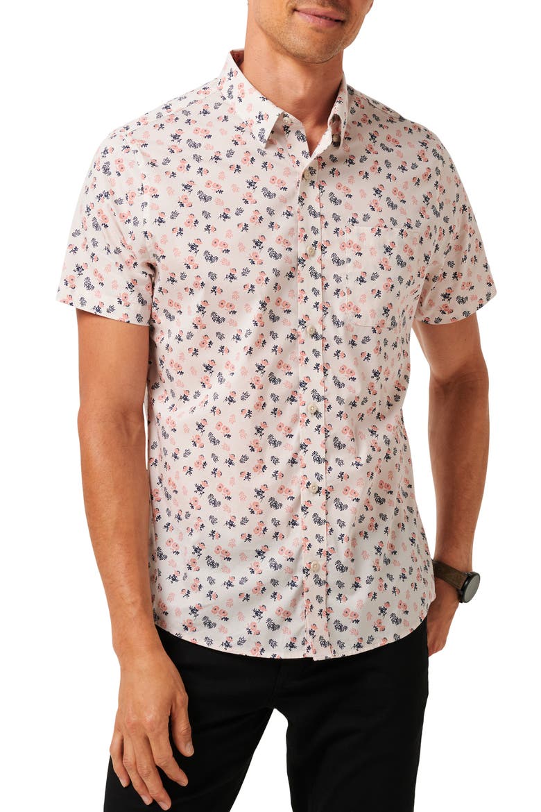 Something New Floral Short Sleeve Stretch Cotton Blend Button-Up Shirt, Main, color, MOONBEAM