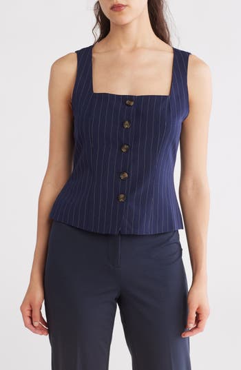 Blu Pepper Pinstripe Fitted Button-up Tank In Navy