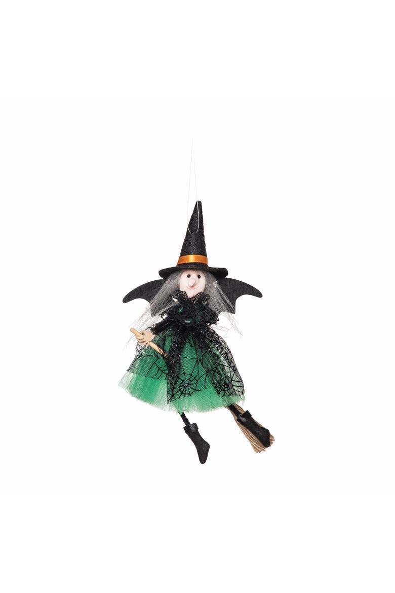 Black & Green Flying Broom Witch Halloween Ornament, Main, color, Black