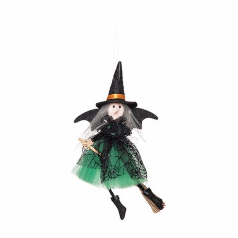 Black & Green Flying Broom Witch Halloween Ornament
