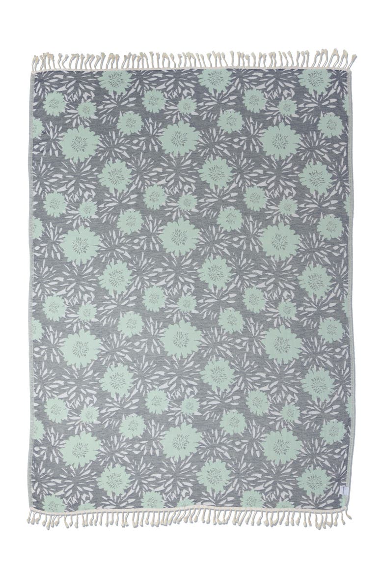Flower Pop Organic Cotton Medium Weight Throw Blanket, Main, color, Navy with Mint Flowers