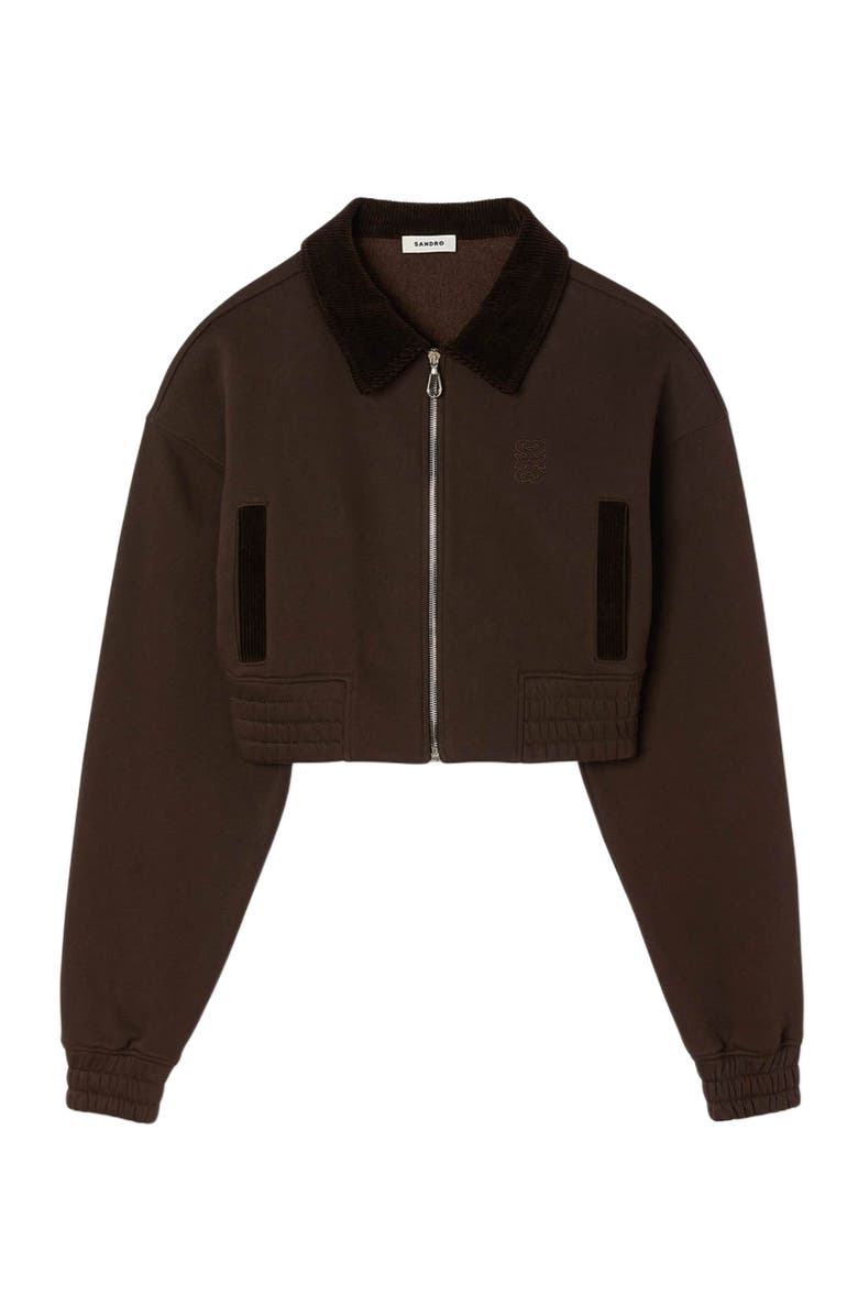 SANDRO Cropped dual-fabric sweatshirt, Alternate, color, Brown