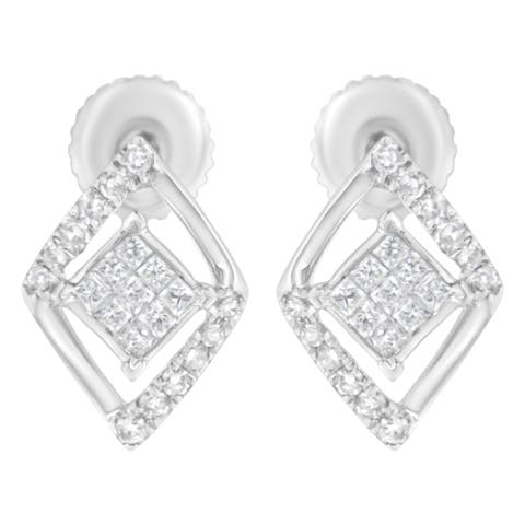 10K White Gold 1/3 Ct Princess Double Triangle Composite Stud Earrings