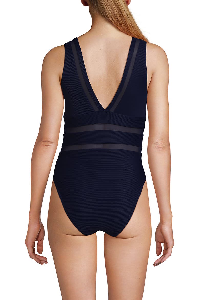 Mesh Plunge High Leg One Piece Swimsuit, Alternate, color, Blue Multi Abstract Floral