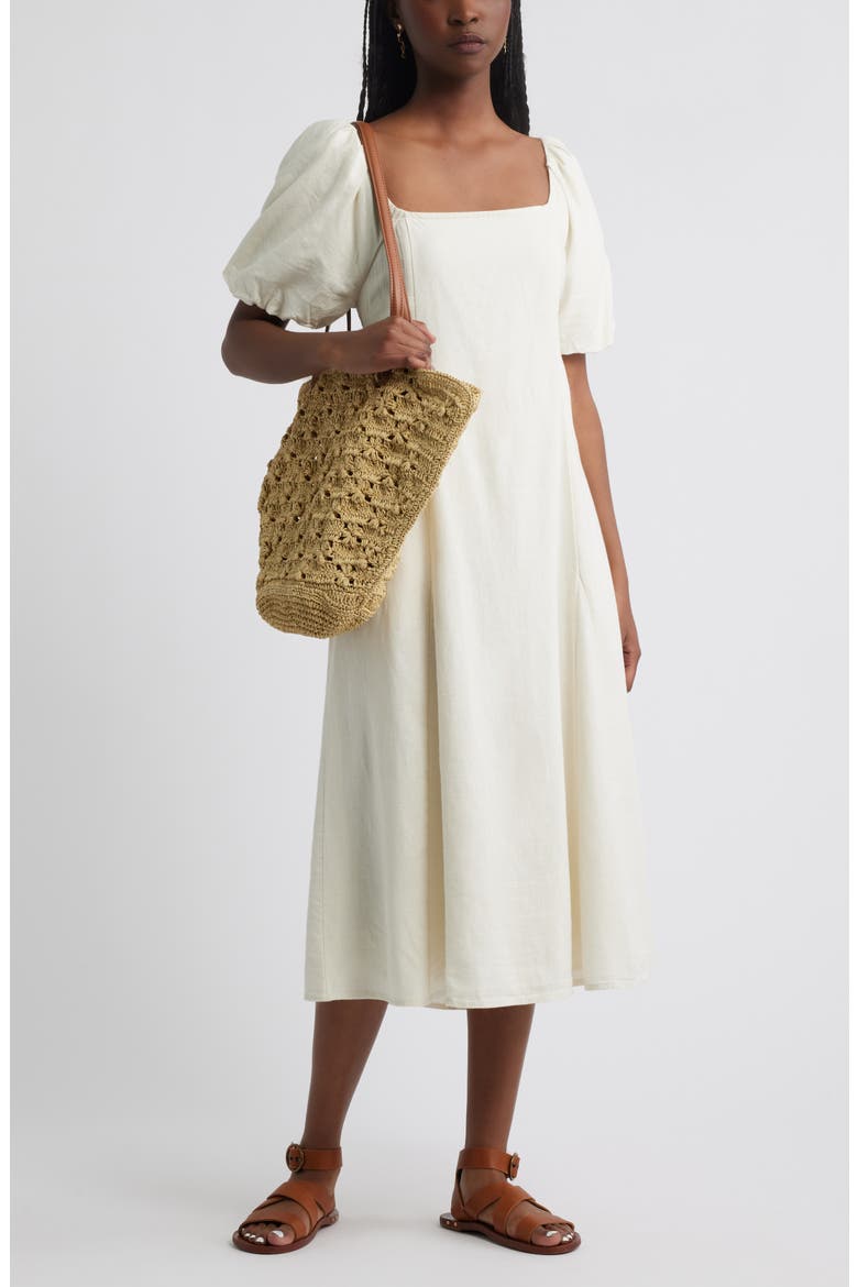 Puff Sleeve Linen Blend Midi Dress, Alternate, color, IVORY DOVE