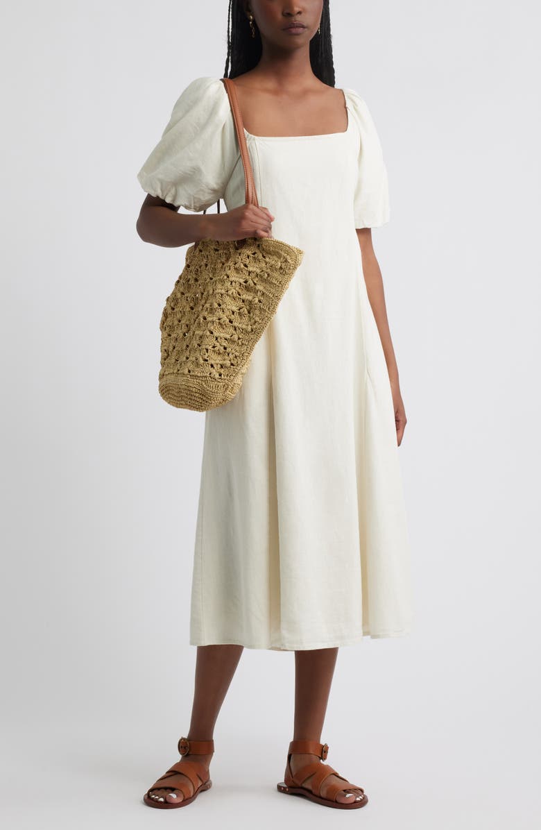 Treasure & Bond Puff Sleeve Linen Blend Midi Dress, Alternate, color, Ivory Dove